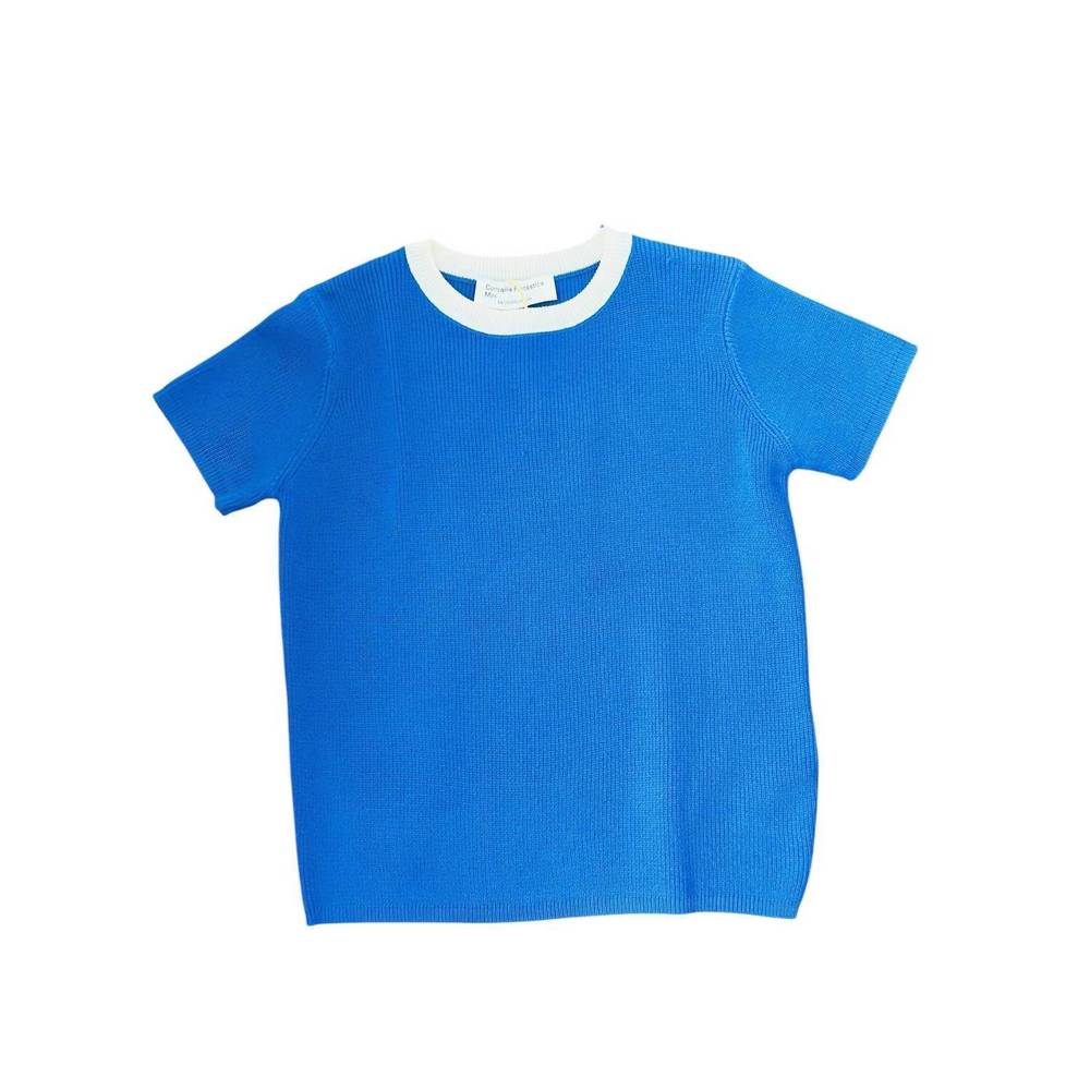 NEW COMPANIA FANTASTICA girl's contrast short sleeve sweater in blue/white